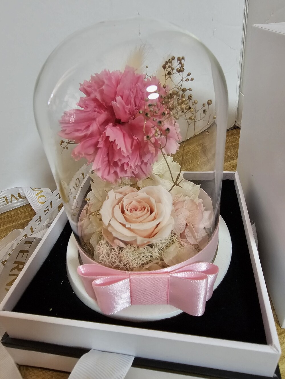 LOVAPPY Preserved Rose Carnation Glass Dome Eternal Flower Gift Box Pink Flawles